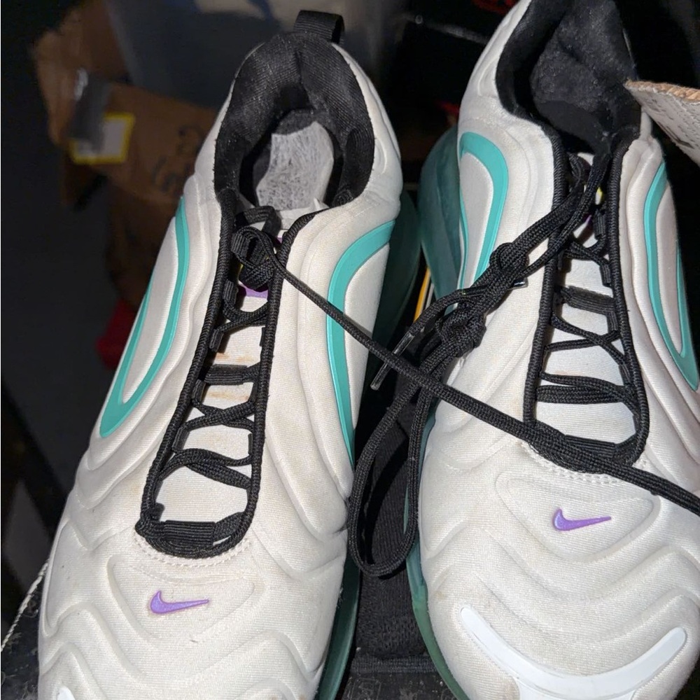 Nike White and Teal Airmax 720 with Purple logo